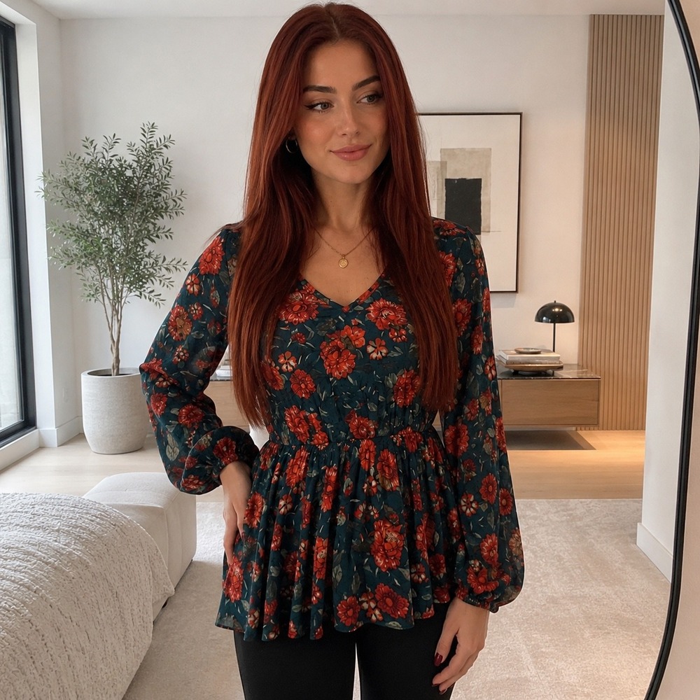 Hayden Los Angeles Teal Floral Peplum Top V-Neck Bell Sleeve Blouse Size S